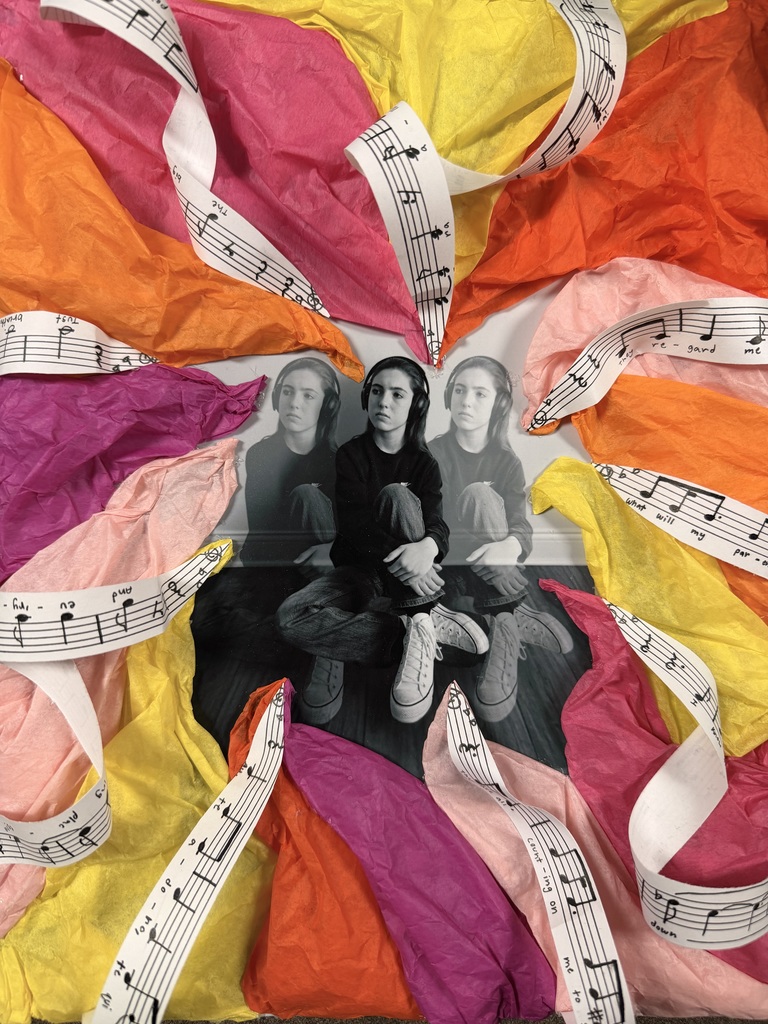 A collage with three people sitting in black and white. Brightly colored fabrics and musical notes surround the image.