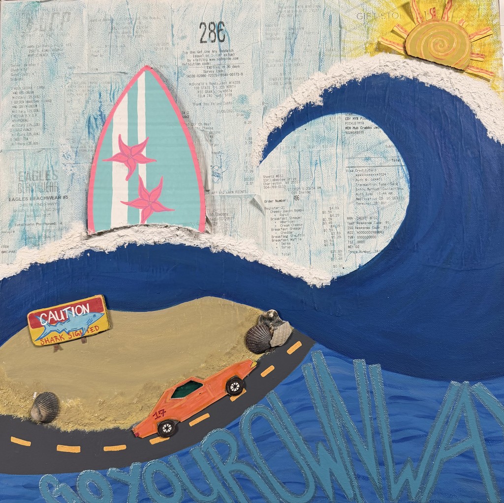 Painting shows a beach scene with a surfboard, waves, a sign reading "Caution", and a car.