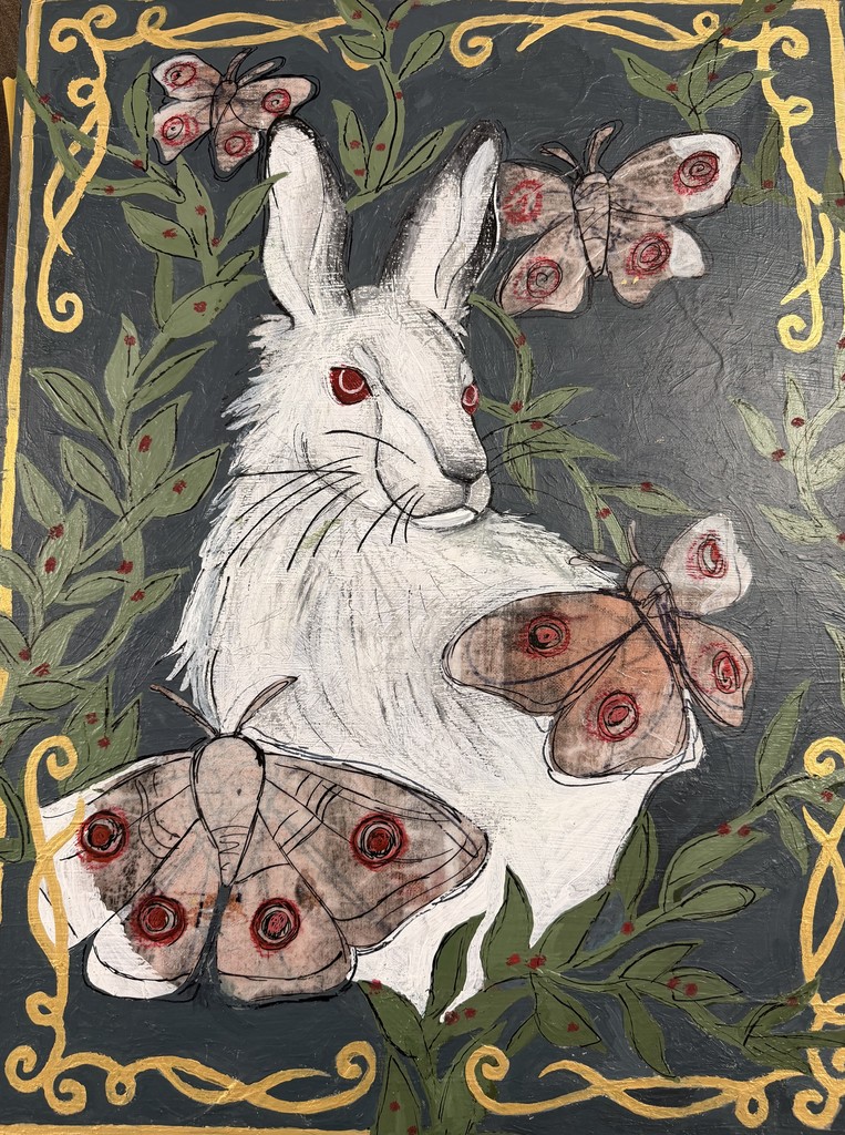 Painting of a white rabbit with red eyes, surrounded by moths, all against a dark green background.