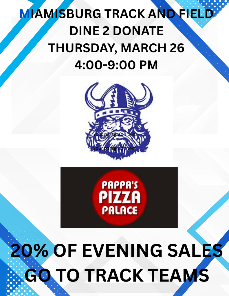 A poster for a Dine 2 Donate event at Miamisburg Track and Field, featuring a blue helmeted Viking logo and a Papa's Pizza Palace logo.