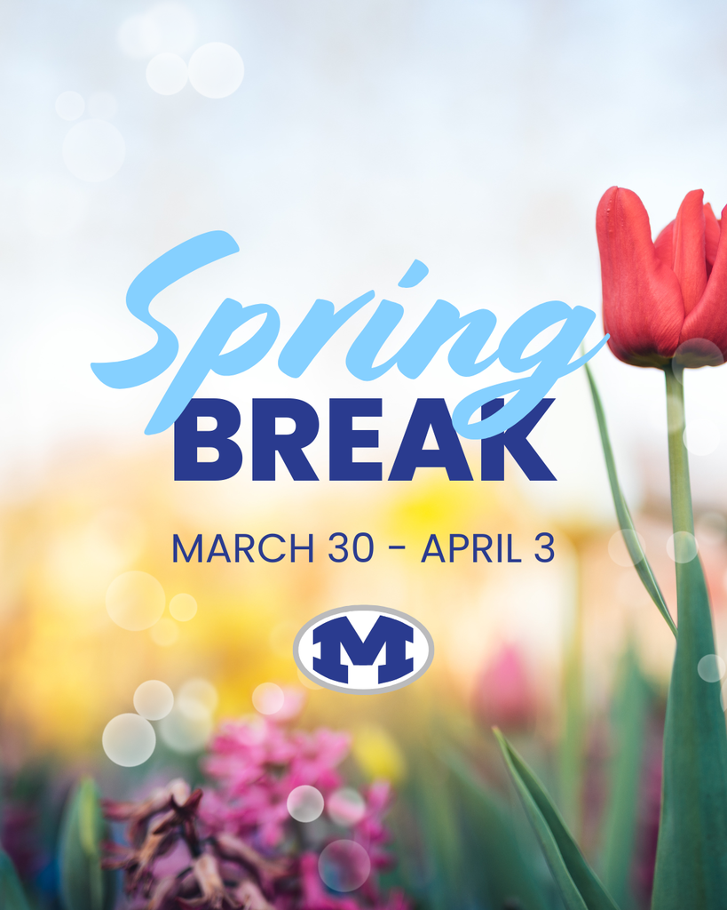 "Spring Break" text over a field of flowers, with dates March 30 to April 3 and a logo.