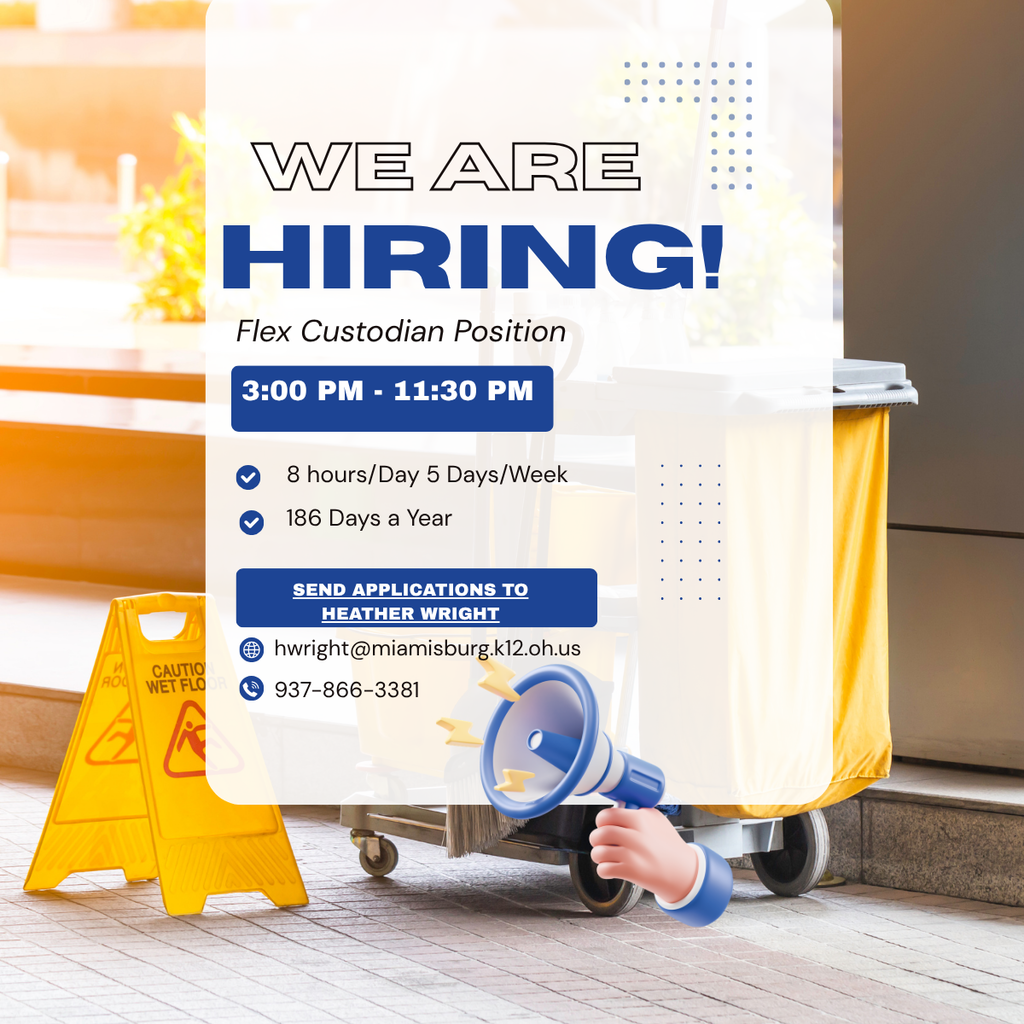 Job advertisement for Flex Custodian Position, with details on hours, days, and contact info. It includes a hand holding a megaphone.