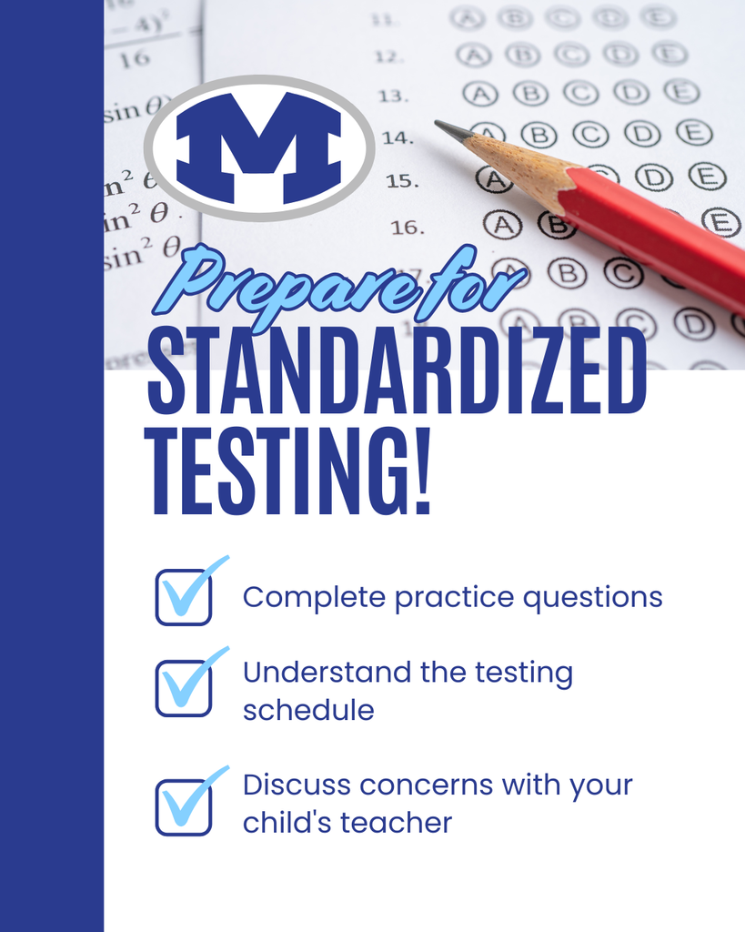 An educational poster with a pencil and checklist for preparing for standardized testing. It highlights steps like completing practice questions.