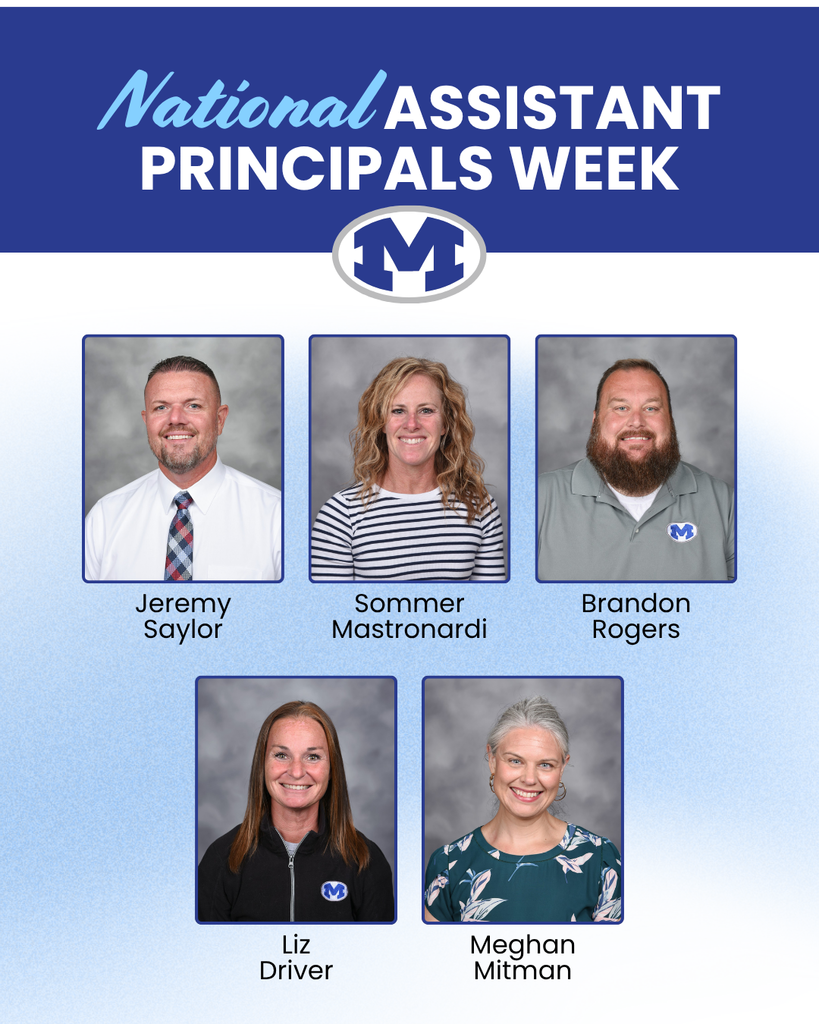 Blue background with white text. Four assistant principals are pictured with their names below: Jeremy Saylor, Sommer Mastronard, Brandon Rogers, Liz Driver, and Meghan Mitman.