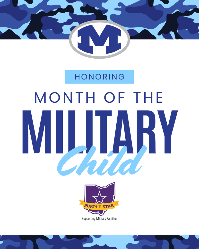 Purple and white poster with a camouflage background. It reads "Honoring Month of the Military Child" with the Purple Star logo.