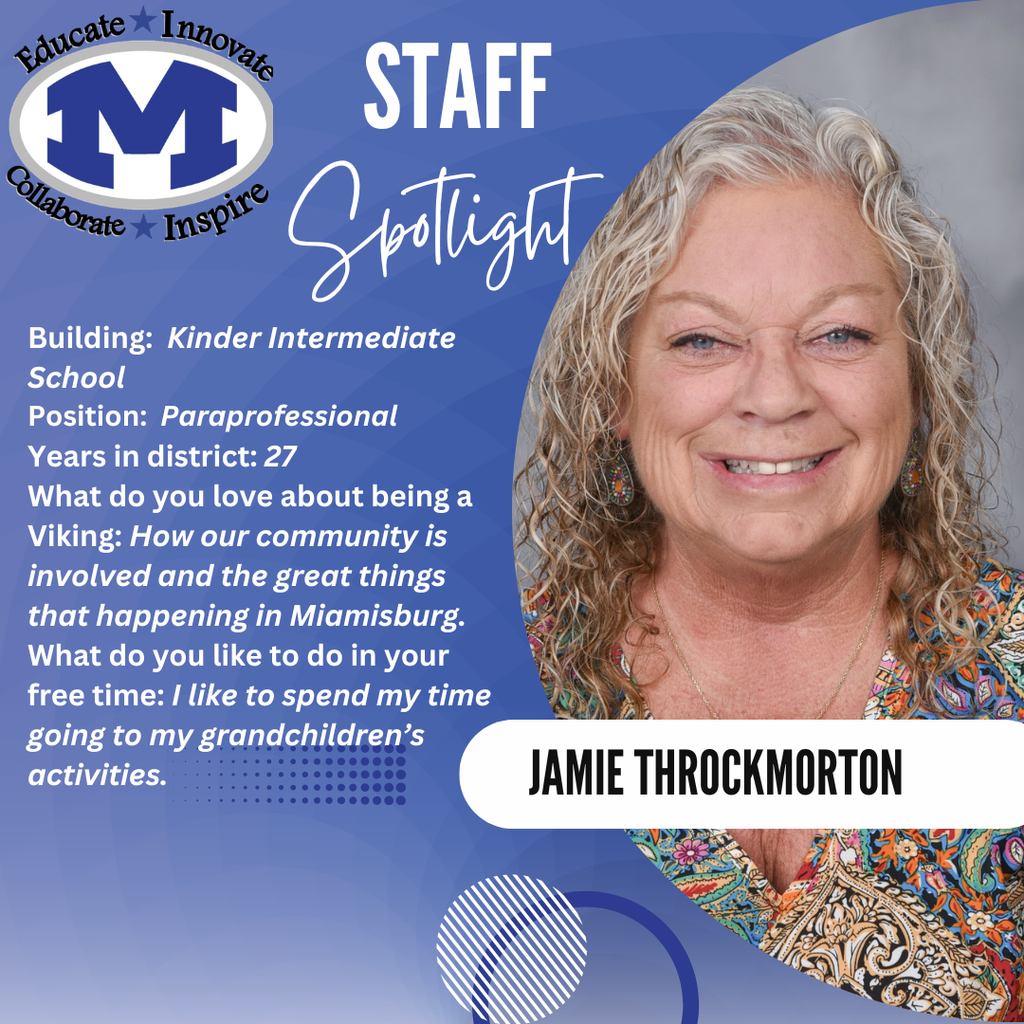 A smiling woman with curly gray hair in a colorful outfit is featured on a blue background.