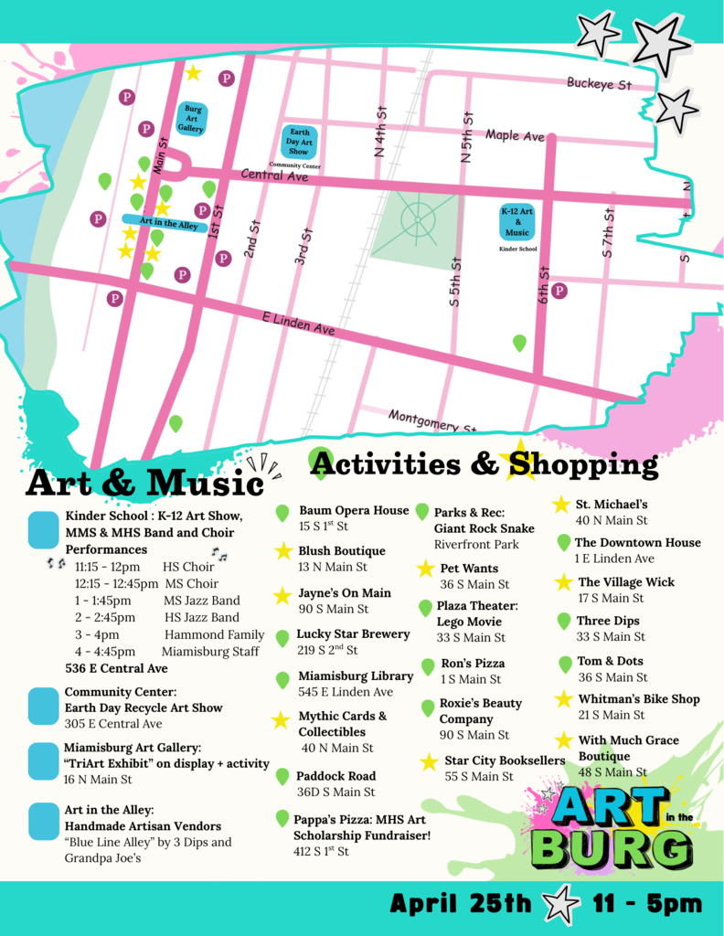 A map showing an area with various locations for activities and shopping, including art and music shows.