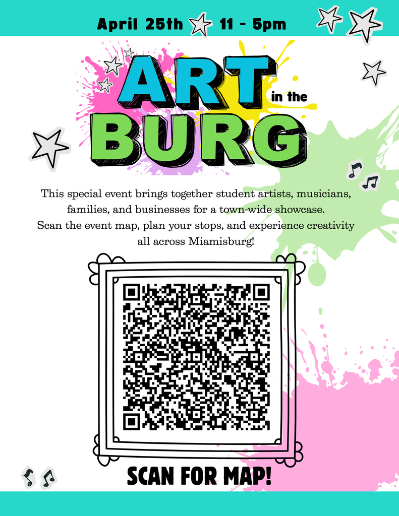 Event flyer for "Art Burg" on April 25th from 11-5 pm. Text invites visitors to scan a QR code for a map.