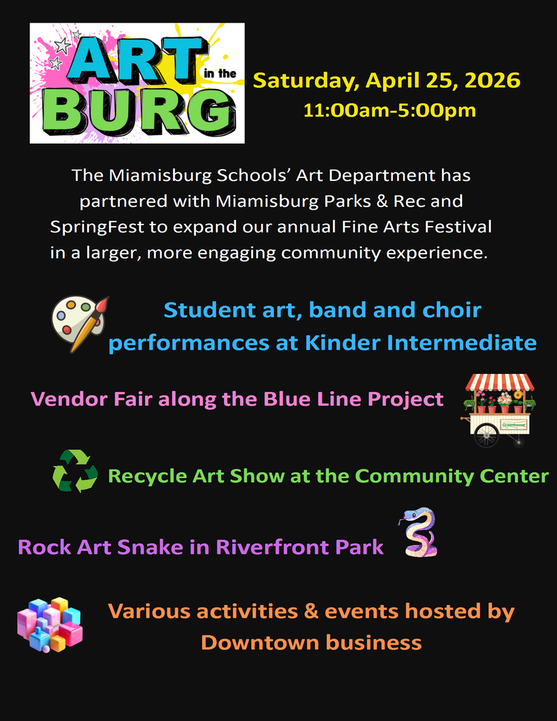Poster shows event details for "Art in the Burg" on April 25, 2026, with various activities including art shows, performances, and vendor fairs.
