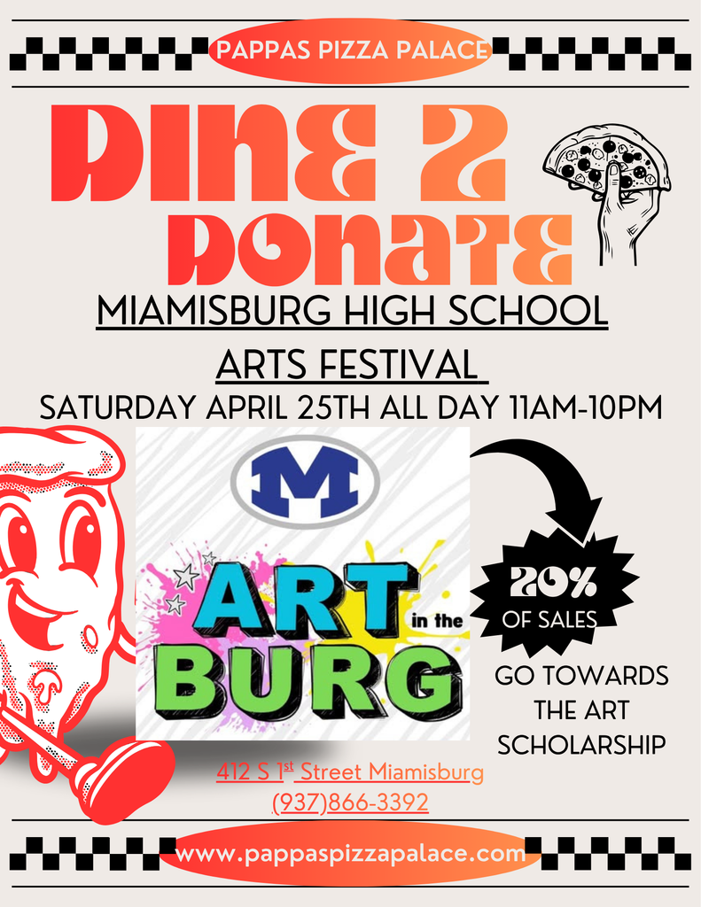 An advertisement for the Pine 2 Donate Arts Festival at Miamisburg High School, April 25th. Logo and text.