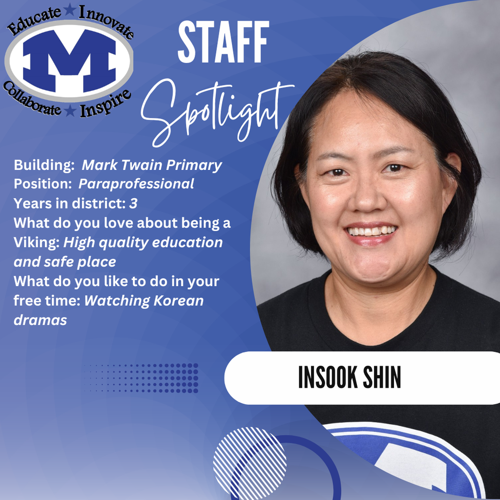 A poster displays Insook Shin, a paraprofessional at Mark Twain Primary, smiling. The poster includes details about her role and interests.
