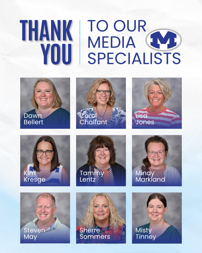 A collage of photos with blue and white backgrounds. Eight individuals are featured. Text reads "Thank You To Our Media Specialists."