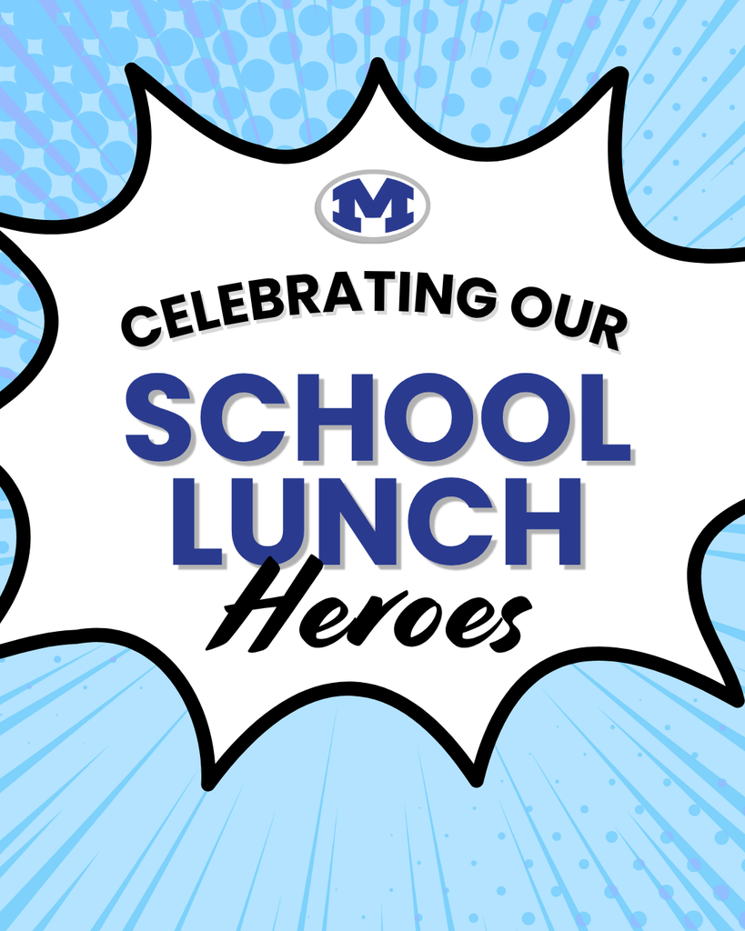 A blue and white graphic displays "CELEBRATING OUR SCHOOL LUNCH HEROES" in bold, blue text against a blue and white background.
