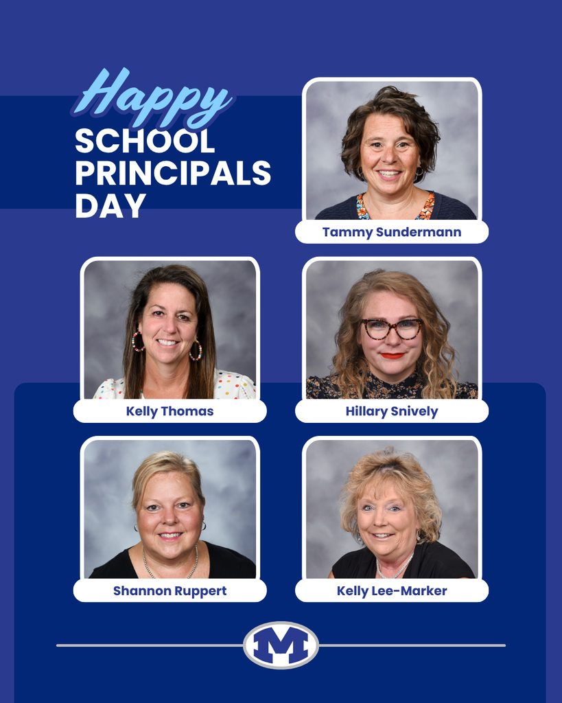 A blue background displays five school principals. Their names are listed below them. The words "Happy School Principals Day" appear above the photos.