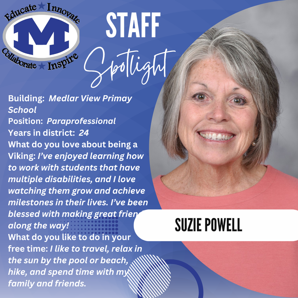 An infographic featuring a smiling woman. The text reads: "Suzi Powell, Paraprofessional, 24 years in district."