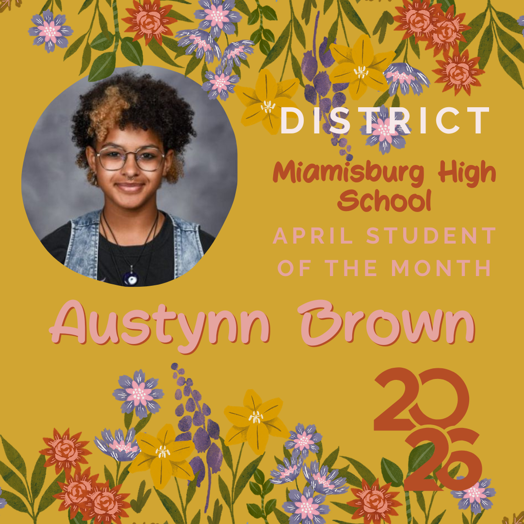 A yellow poster with floral patterns features a photo of a student wearing glasses. Text reads "April Student of the Month: Austynn Brown."