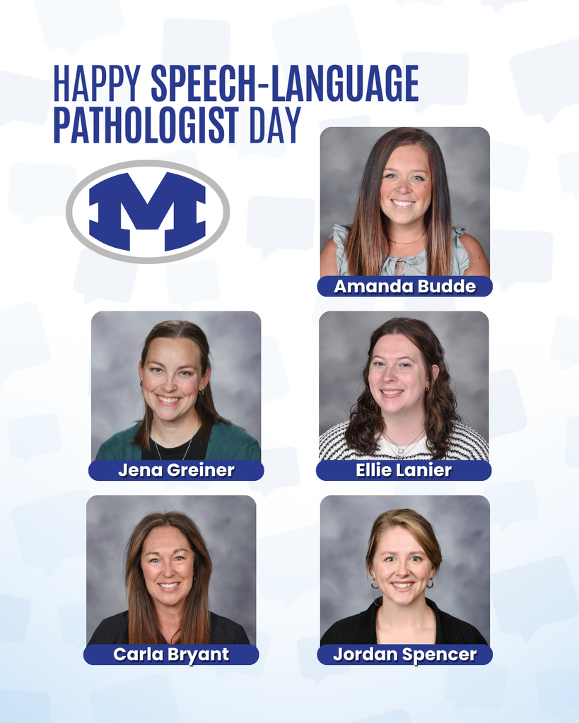Collage of five smiling women with "Happy Speech-Language Pathologist Day" text above and "M" logo. Names listed below each woman.