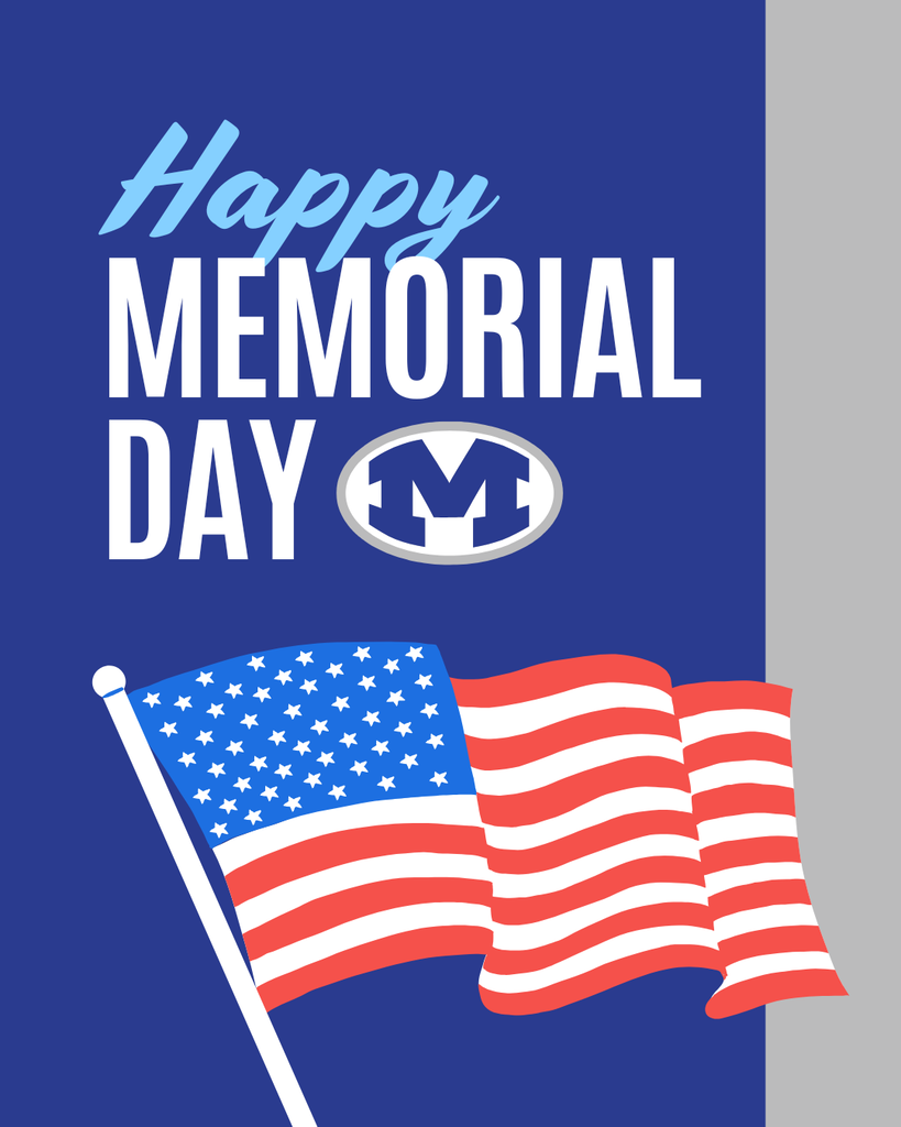 Blue background with white text reading "Happy Memorial Day" and a logo. Two American flags on a pole.