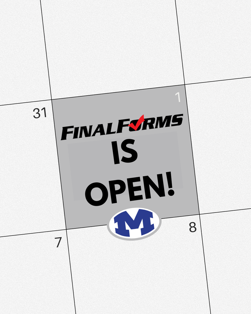 A calendar page displays days 31, 1, 7, and 8. A gray rectangle has white text "FINALFORMS IS OPEN!" with a red checkmark. Below it, a circular logo with "M" in blue.