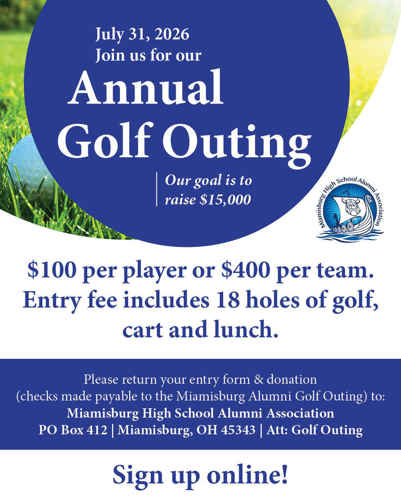 A flyer with a blue circle featuring a golf ball. It reads "Annual Golf Outing" and includes details about entry fees and the date.