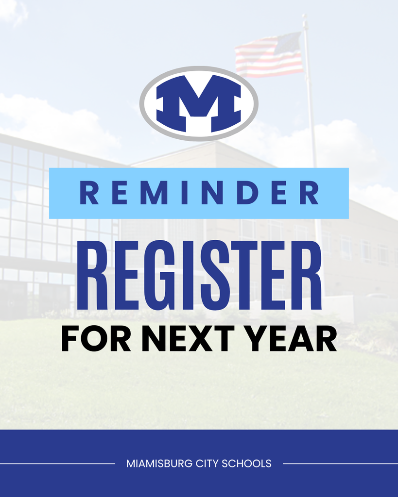Blue and white text on a sky background. The words "Reminder Register for Next Year" are centered.