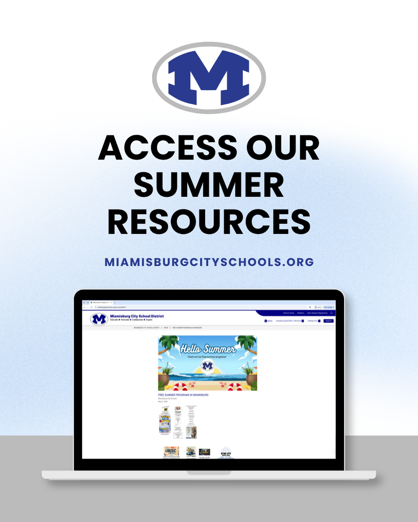 Laptop screen shows a website with a blue and yellow background. Logo at the top reads "ACCESS OUR SUMMER RESOURCES."