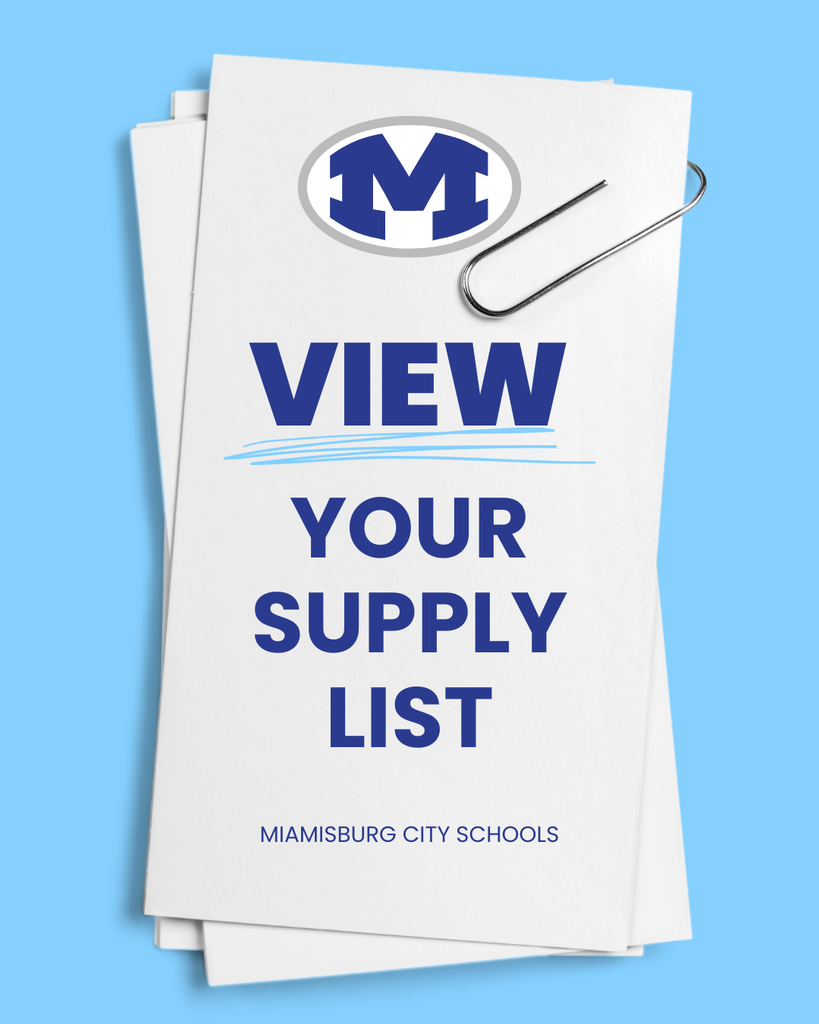 A stack of white papers with "View Your Supply List" in blue. Miamisburg City Schools logo on top. Blue background.
