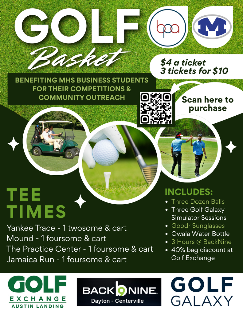 Poster advertising golf baskets with three tee times at different courses, QR code to scan for ticket purchase, and list of included items.