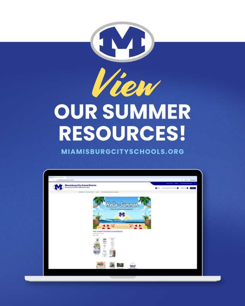 Laptop screen displays Miamisburg City Schools' website with a colorful summer resources page. A blue background with the letter M logo.