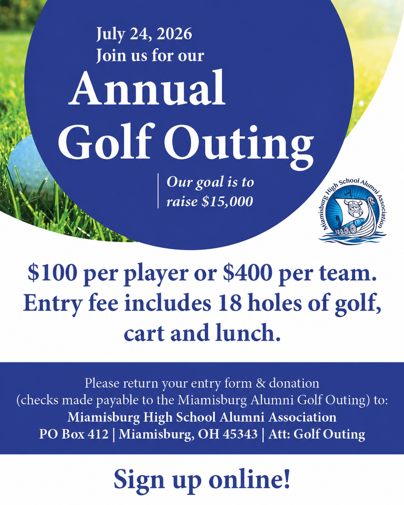 Blue and white poster with grass background, text reads: Annual Golf Outing, July 24, 2026, $100 per player, $400 per team.