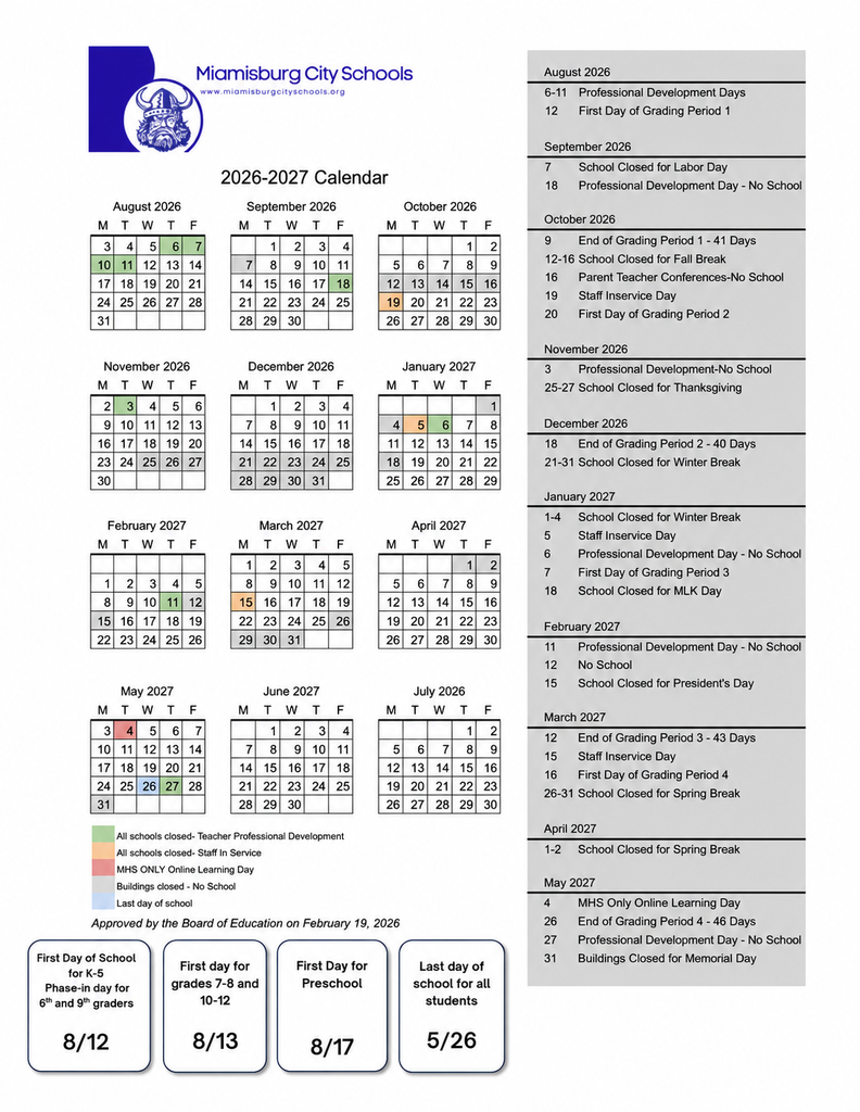 A calendar for 2026-2027 with monthly grids, highlighted holidays, and dates for school closures. Background is plain.