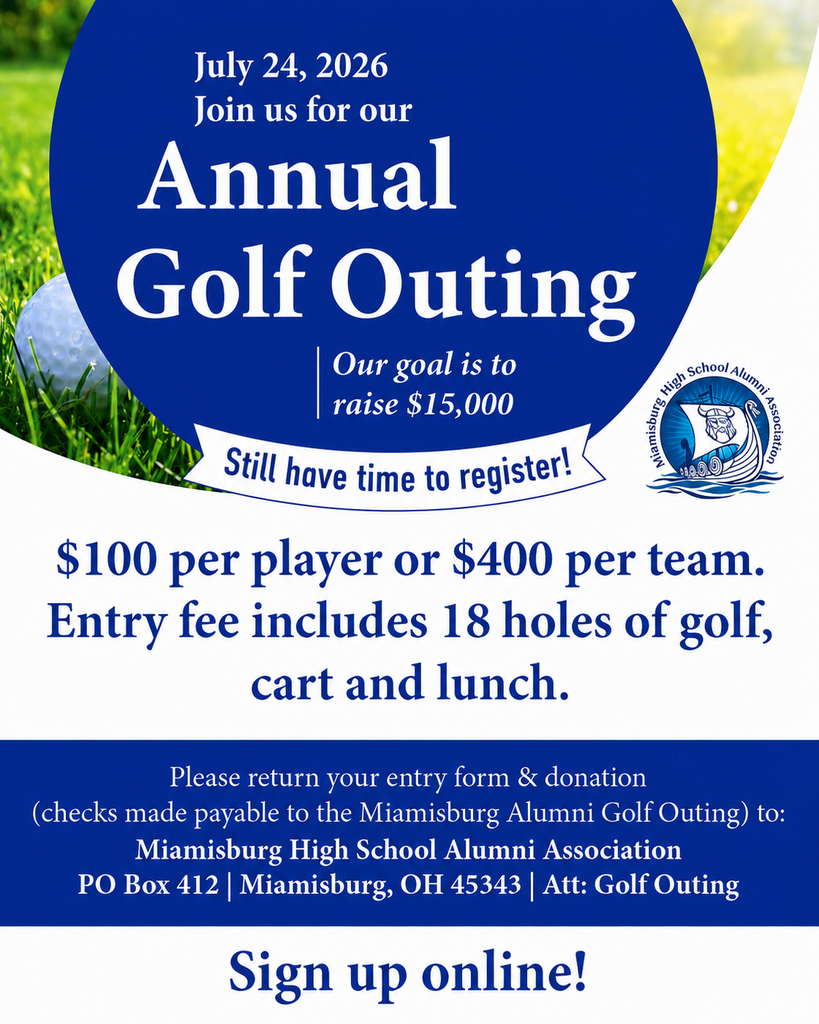 Blue poster with white text and logo. It invites people to join the Annual Golf Outing on July 24, 2026.