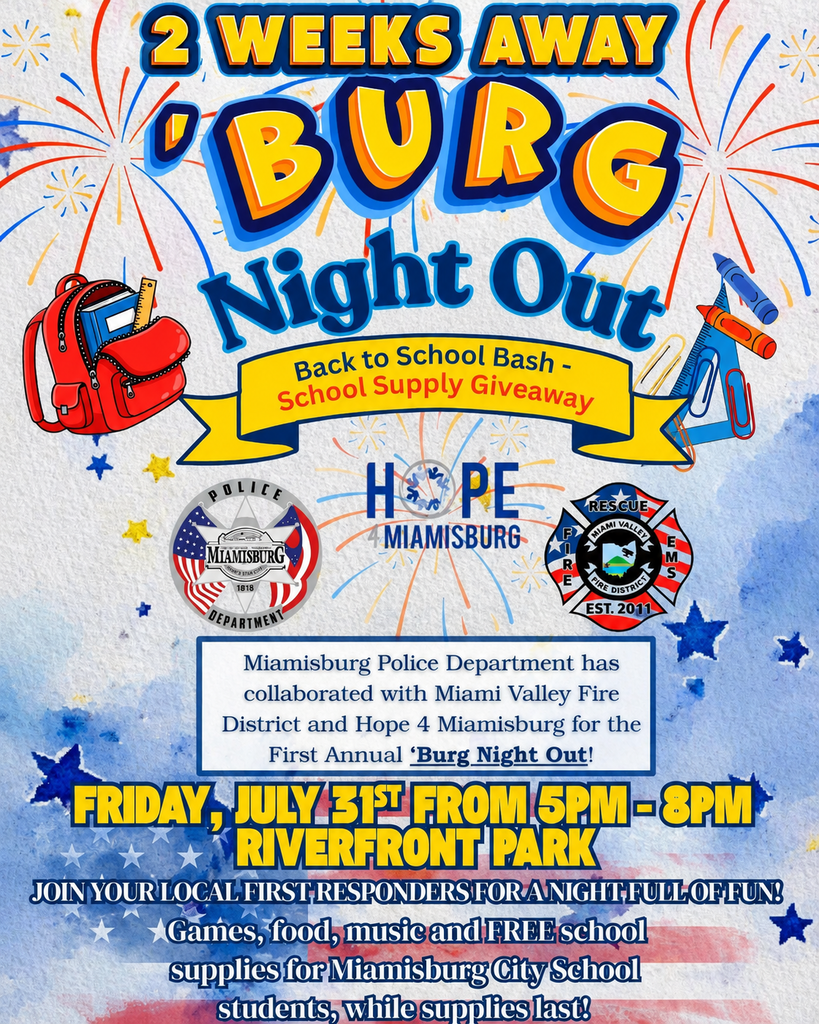 A poster reads "2 weeks away 'Burg Night Out'". It shows a red backpack, fireworks, and an American flag.