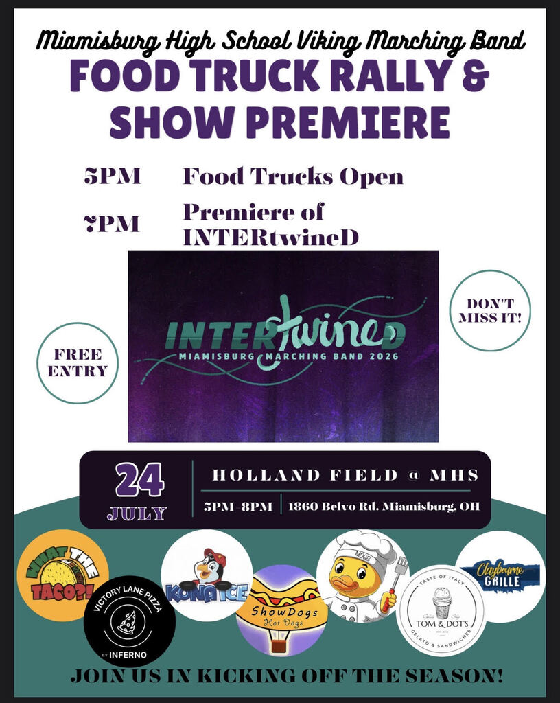 Event flyer for "Food Truck Rally & Show Premiere" on July 24th at 3 PM. Free entry.
