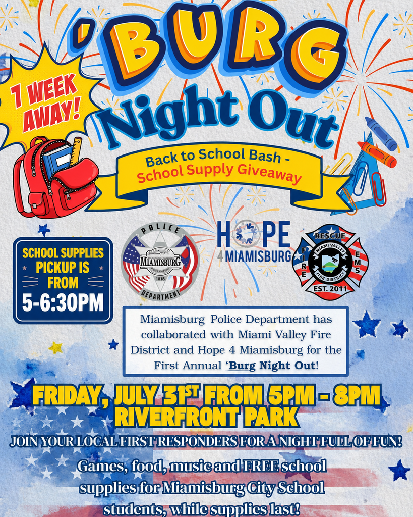An event flyer shows Burg Night Out on Friday, July 5. The event features games, food, music, and giveaways.