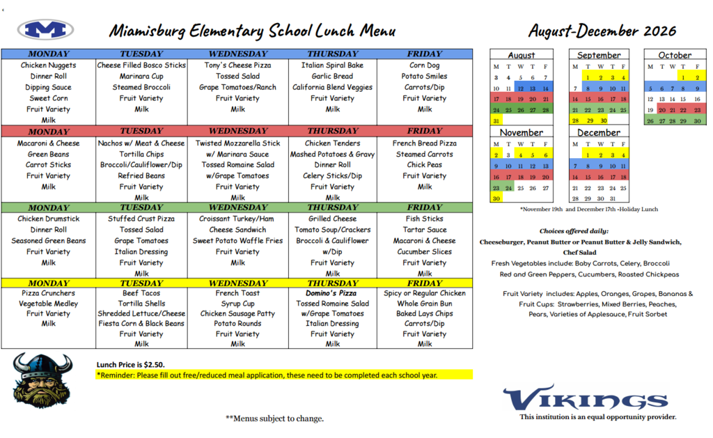 A document with a table of school lunch menus for August to December 2016. Menu items are listed in columns for Monday to Friday.