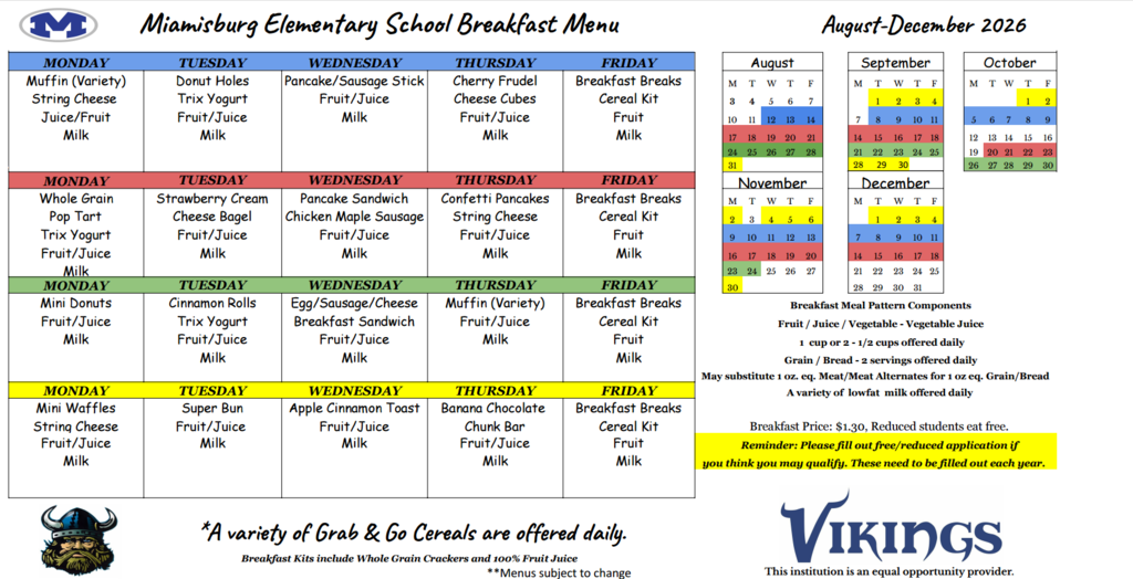 Chart with a heading that reads 'Manifoldy Elementary School Breakfast Menu'. Menu lists breakfast options for the week.