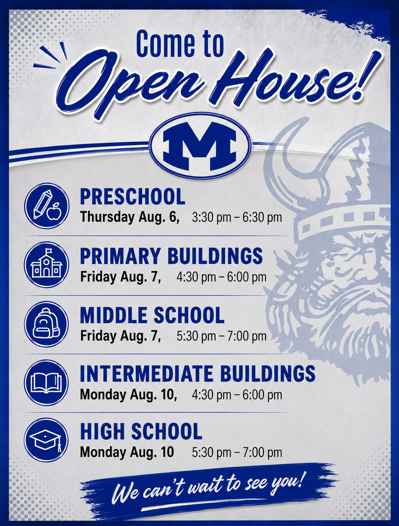 Blue and white flyer with "Come to Open House!" heading. Features a Viking helmet logo and dates for preschool, primary, middle, and high school visits.