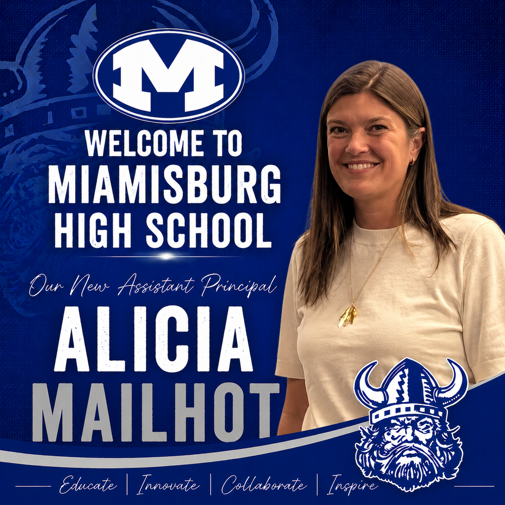 A woman in a white shirt poses against a blue background with "Welcome to Miamisburg High School" and a logo.