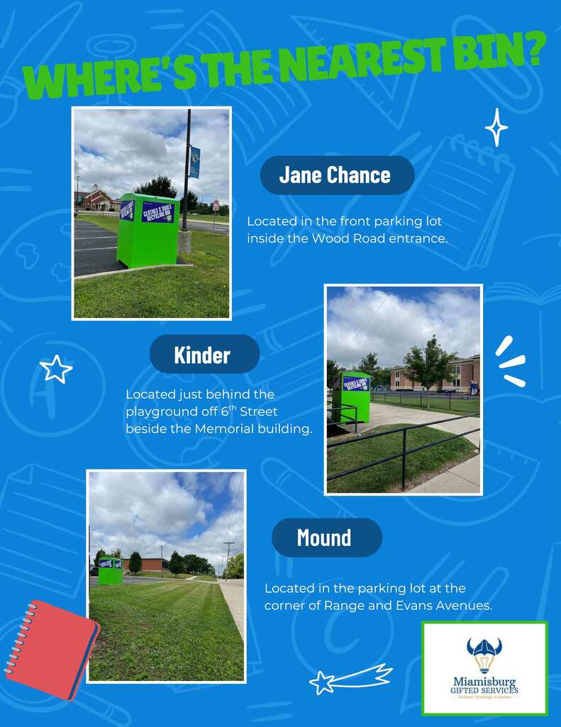 A blue background with text and three photos of bins. Each bin has a description of its location.