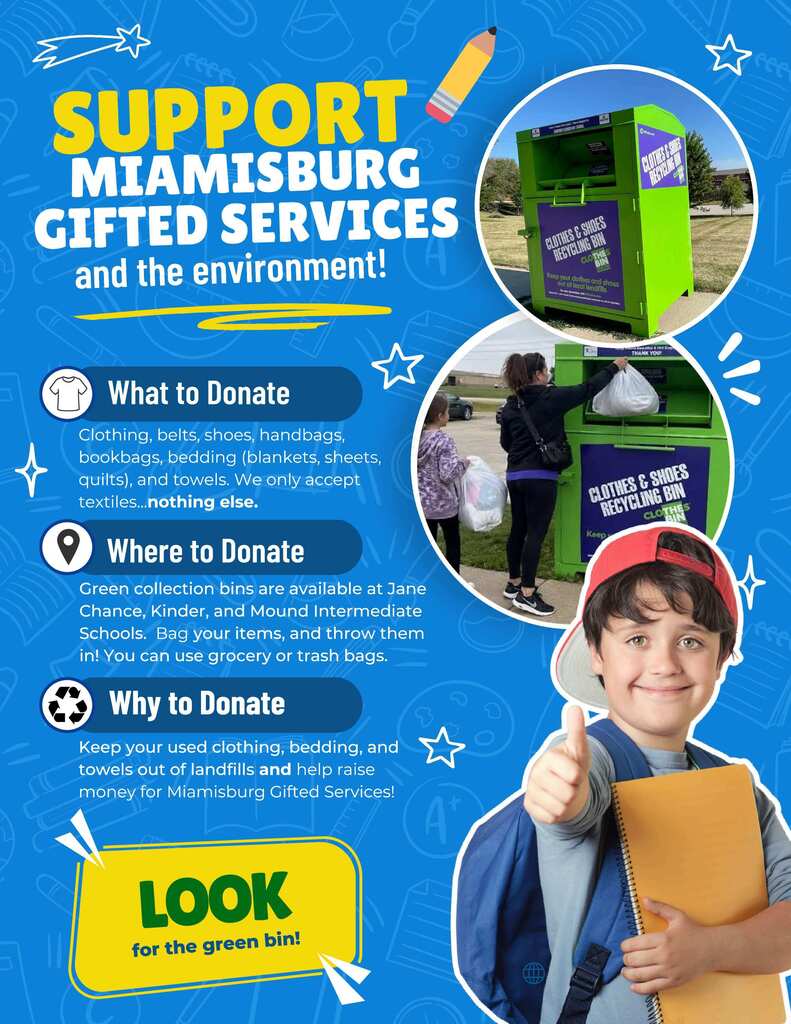 Poster with colorful text and graphics promoting a donation drive. A boy gives a thumbs up.