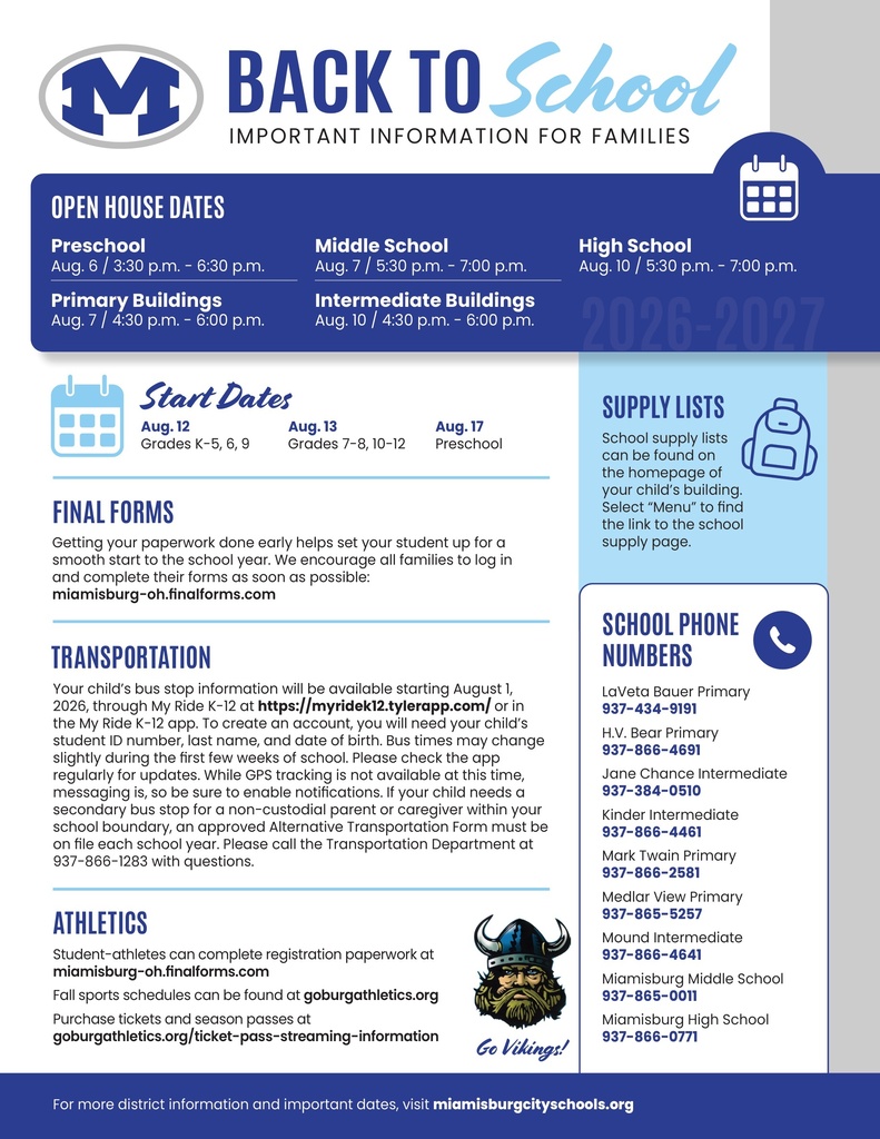 Flyer with a blue border and blue text. The title reads "Back to School." It includes open house dates, supply lists, and school phone numbers.