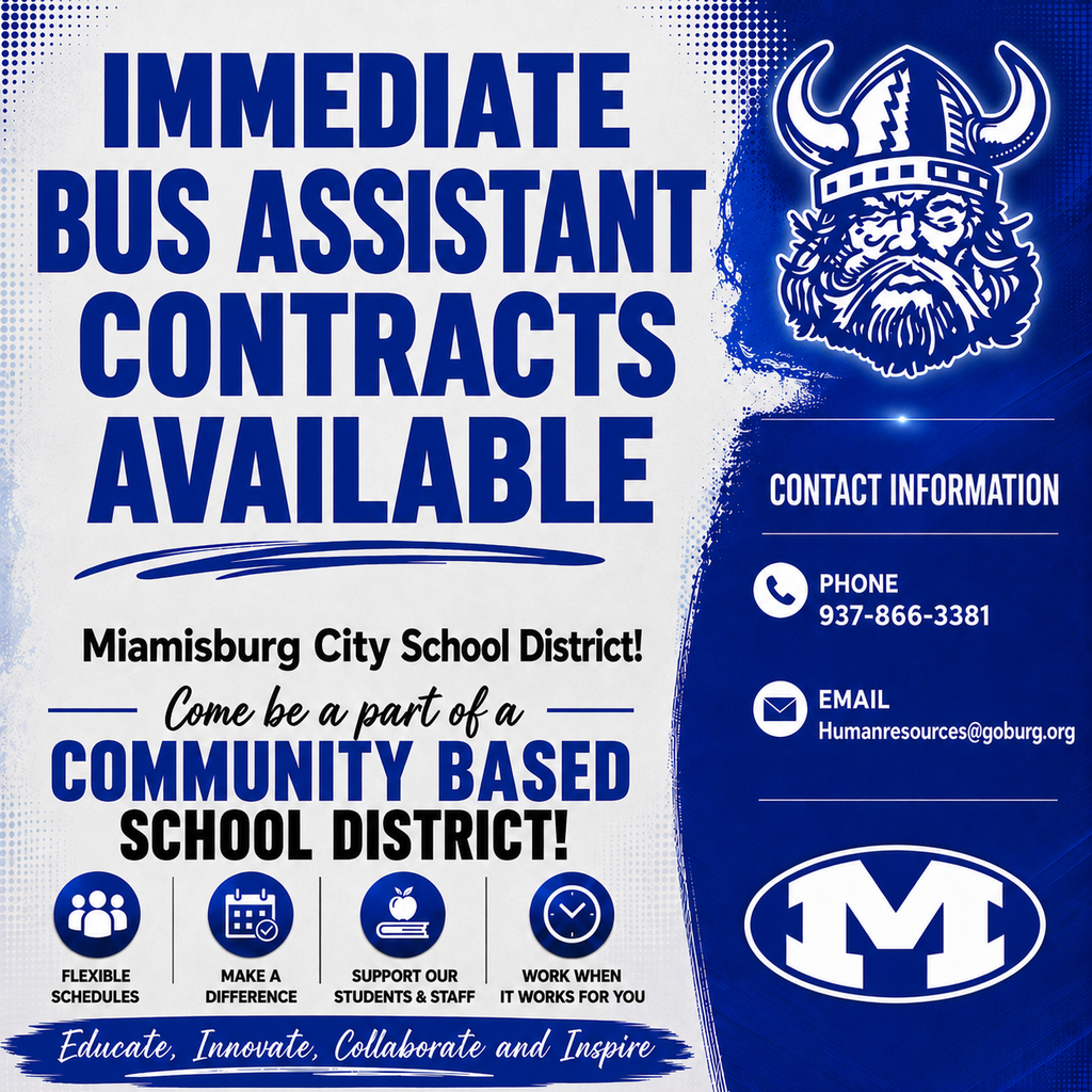 Poster with blue, white, and black colors promoting Miamisburg City School District bus assistant contracts. It features a Viking helmet logo and includes text.