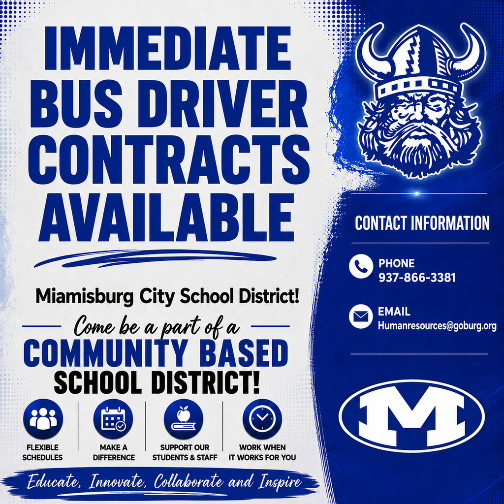 An advertisement poster for bus driver contracts. It includes a mascot, contact information, and benefits of working in the district.