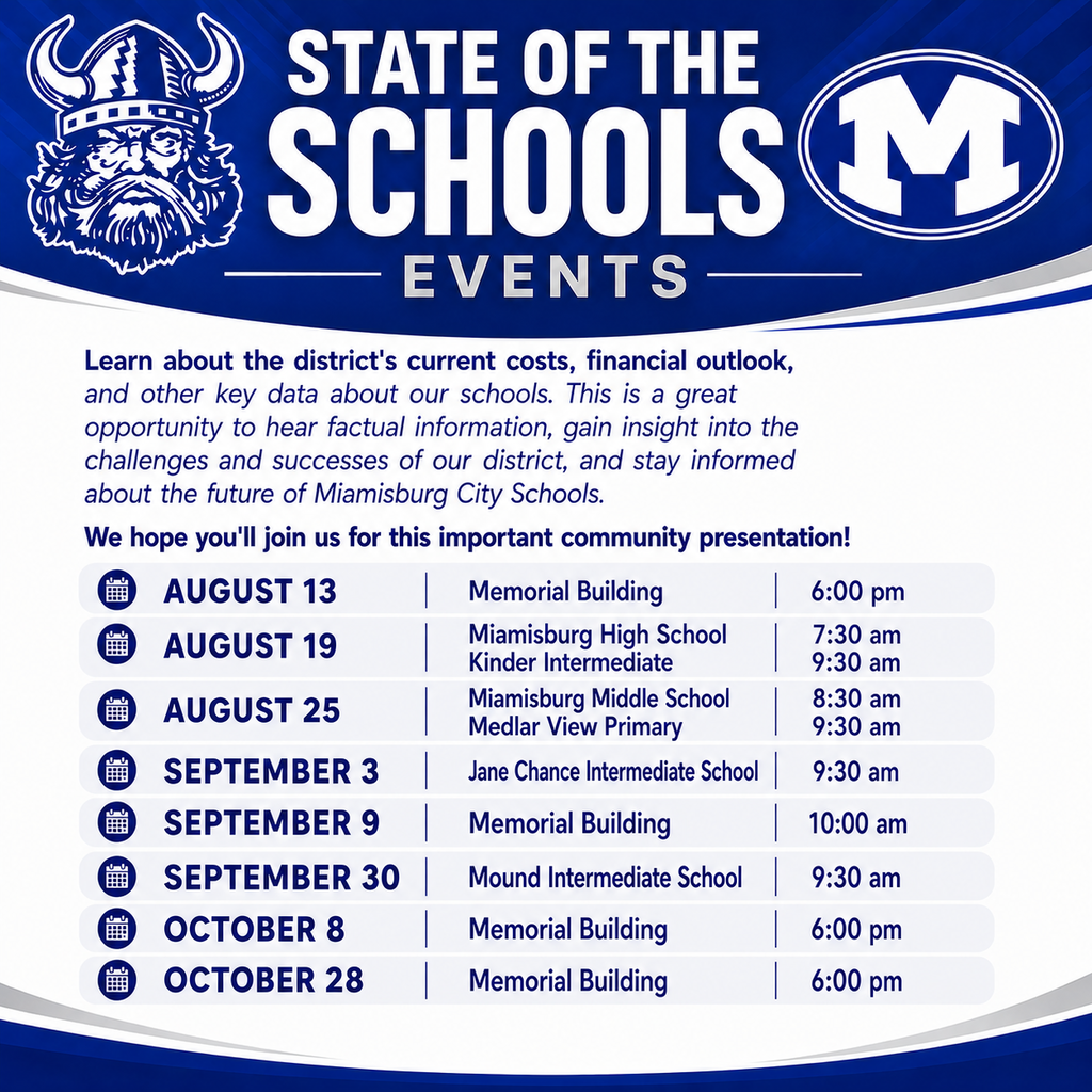 Event flyer with blue and white background. Titled "State of the Schools Events" and includes a list of event dates and times.