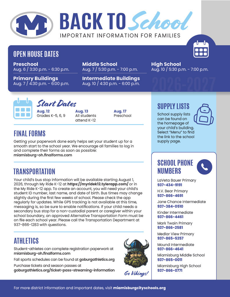 Flyer with blue and white background. Header includes a logo and "Back to School" in blue. Sections list dates, school phone numbers, and more.