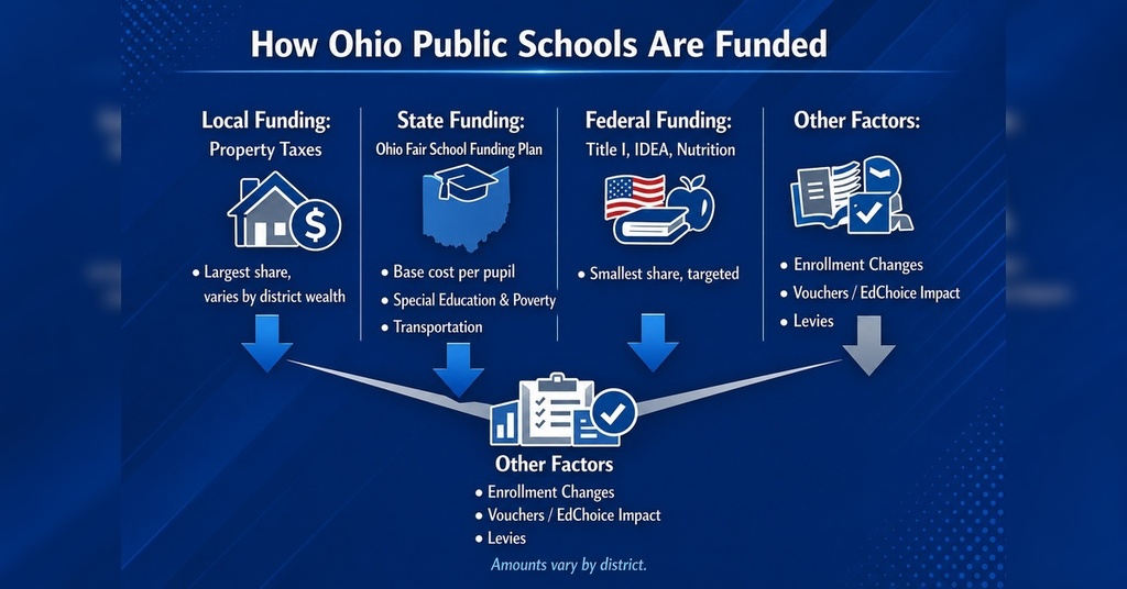 A blue graphic explaining how Ohio public schools are funded. It includes elements like local funding, state funding, and other factors.