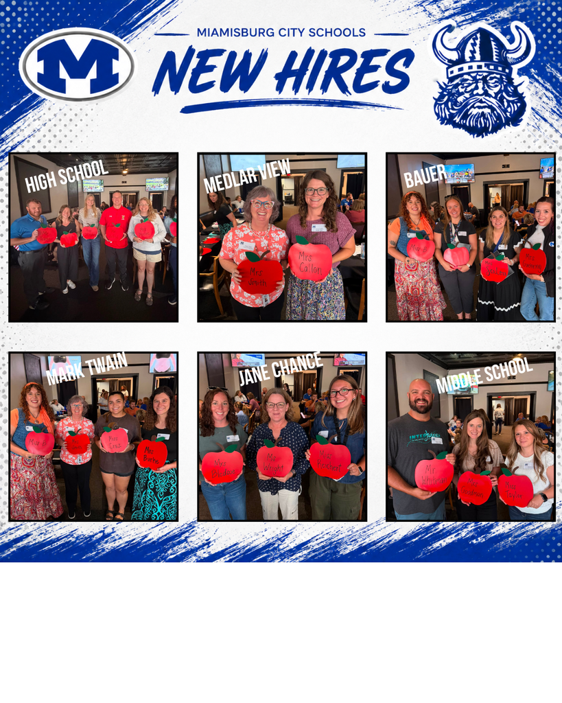Collage of six photos shows individuals holding red apples. Each photo is labeled with a school name. Blue, white, and black text reads "Miamisburg City Schools" and "New Hires."