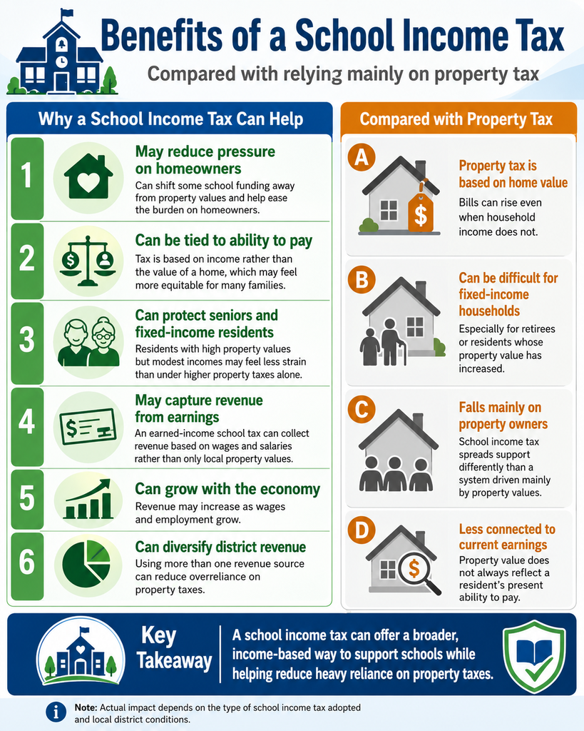 Visual elements: A split diagram compares school income tax benefits to property tax reliance. Lists and icons highlight six points.