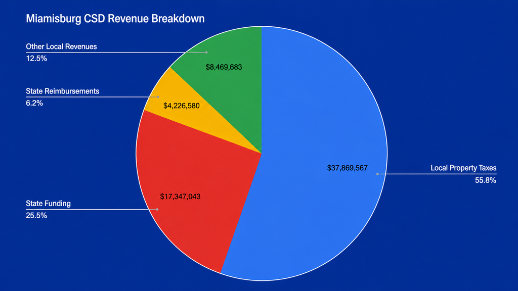 Circular graph showing Miamisburg CSO revenue breakdown. Blue sector for Local Property Tax at 56.7%, red for State Funding at 25.5%.
